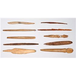 Ten Aleut Bone Artifacts From Kodiak Island, AK 4 1/4" L. - 5 1/4" L.  Good Condition