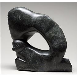 Beluga Sculpture by Timangiak Petaulassie (1940-) Cape Dorset 10 1/2" W. 12 1/2" H.  Good Condition