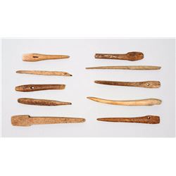 Ten Aleut Bone Needles and Awl Artifacts - Kodiak Island, AK 2 1/4" L. - 4 1/4" L.  Good Condition