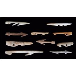 Ten Aleut Bone Fishing Hooks From Kodiak Island, AK 2" L. - 5" L.  Good Condition