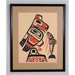 Walter Harris Serigraph "Weget in Raven Form Luring Salmon" 235/300 '70  27"x 33" Framed  Good Condi