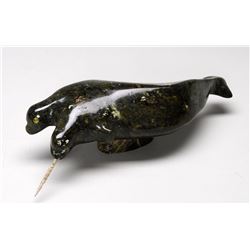 Inuit Sculpture of a Two Headed Narwhal - Lake Harbour - Artist Unknown  Good Condition with Repair 