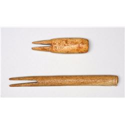 Two Aleut Carved Bone Harpoon Shafts From Kodiak Island, AK 4" L. - 7 1/2" L.  Good Condition