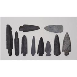 Ten Slate Spear Points From Kodiak Island, AK 2" L. - 4 1/2" L.