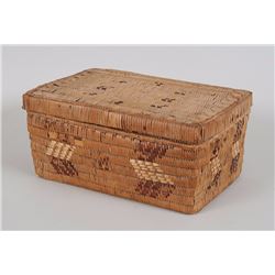 Salish Lidded Basket with Imbricated Design 16" L. 11" W. 7 1/2" H.  Fair Condition