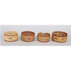 Four Nuu-chah-nulth Baskets Decorated with Figural Design 5" D. - 6 1/2" D.  As Is