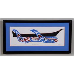 Calvin Hunt Serigraph "Whale Hunting Rituals" 72/200 '98  16"x 33" Framed  Good Condition