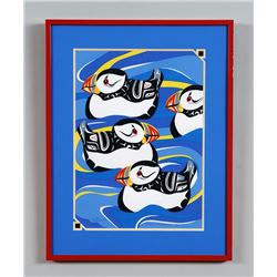 Robert Sebastian Serigraph "Puffins" AP '97  16"x 20" Framed  Good Condition