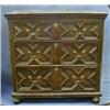 Image 1 : An oak Jacobean chest of 3 long drawers with brass swan neck drop handles raised on bun supports...
