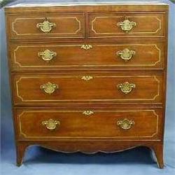 A Georgian mahogany chest of 2 short and 3 long drawers on splayed bracket feet with line inlay,...