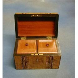 A Victorian walnutwood twin compartment tea caddy with hinged lid and Tunbridge ware banding  8"...