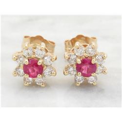 0.30ctw Diamond and Ruby Earrings - 14KT Yellow Gold
