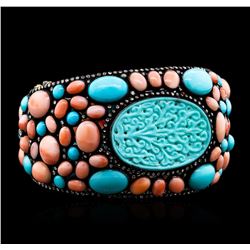 4.84ctw Diamond, Turquoise, and Coral Bracelet - 14KT White Gold
