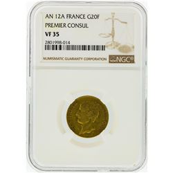 AN 12A NGC VF35 France 20F Premier Consul Gold Coin