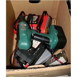 BOX OF MISC TOOLS W/ 3 INVERTERS, 2 CORDLESS DRILL