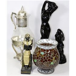 BOX OF ASSORTED DECOR INCL. EGYPTIAN STATUE