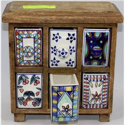 WOODEN CABINET WITH 6 PORCELAIN DRAWERS