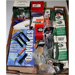 FLAT OF NEW AUTOMOTIVE FILTERS, SPARK PLUG WIRES