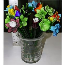 GLASS VASE WITH 24 GLASS FLOWERS