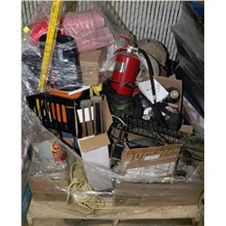 PALLET OF MISC CUPS, TOOLS, FIRE EXTINGUISHER, ETC