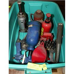 GREEN TOTE WITH JACKS,DRILLBITS, AND MORE