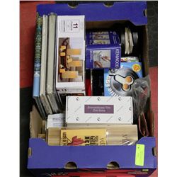 BOX OF HOUSEHOLD MISC. (CANDLES/ PHOTOBOOKS/