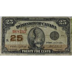 1923 DOMINION OF CANADA 25 CENT SHINPLASTER