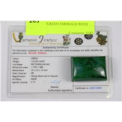 NATURAL GREEN EMERALD WITH COA 110CT