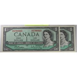 GEM UNC 1954 $1 BANKNOTES CONSECUTIVE S/N X2