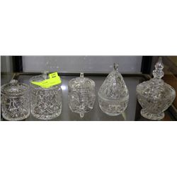 5 ASSORTED CRYSTAL LIDDED DISHES