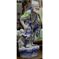 BLUE & WHITE CERAMIC FISHERMAN FIGURE - 24"H
