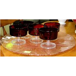 CAKE TRAY WITH 5 CRANBERRY GLASS DESERT BOWLS