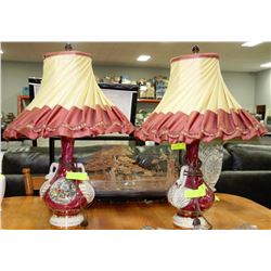 PAIR OF VINTAGE SWAN HANDLED PORCELAIN LAMPS W/