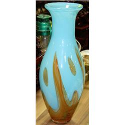 LARGE BLUE & ORANGE SWIRL ART GLASS VASE