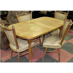 VINTAGE WOODEN TABLE AND AND 4 CHAIRS WITH LEATHER