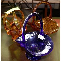 PAIR OF AMBER COLOUR ART GLASS BASKETS & BLUE ART