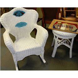 WHITE WICKER ROCKING CHAIR WITH END TABLE