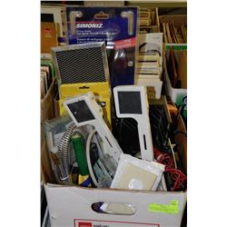 BOX OF MISC INCLUDING STAPLE GUNS, MITER SAW GUIDE