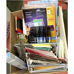 LARGE BOX OF OFFICE SUPPLIES INCL.3 CORK BOARDS