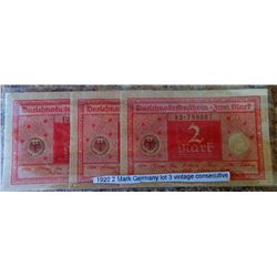 LOT OF 3  1920 GERMAN 2 MARK BANKNOTES