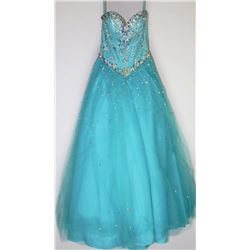 46-GREEN/BLUE STRAPLESS LACE GOWN, BEADED BODICE