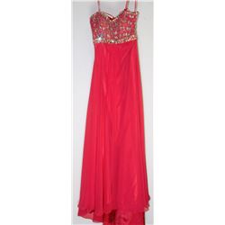 55-RED BACKLESS GOWN W/ BEADED TOP SIZE 11/12