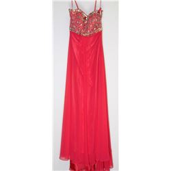 77-RED BACKLESS GOWN W/BEADED BODICE SIZE 13/14