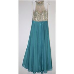 90-GREEN & BEIGE HALTER STYLE GOWN, ZIPPERED BACK