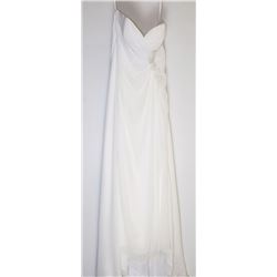 94-WHITE EMBROIDERED STRAPLESS GOWN. W/TRAIN