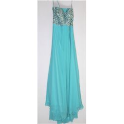 139-GREEN BEADED BODICE, BACKLESS GOWN SIZE 13/14