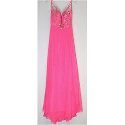 141-HOT PINK BEADED BODICE,BACKLESS GOWN SIZE 9/10