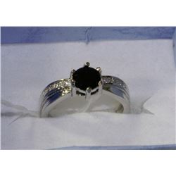 #65-NATURAL BLACK SAPPHIRE & CZ .925 RING SIZE 7