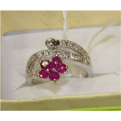#48-NATURAL RUBY AND CZ .925 RING SIZE 7.5