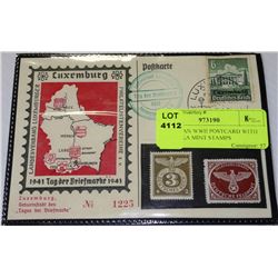H-GERMAN WWII POSTCARD WITH SWASTIKA MINT STAMPS